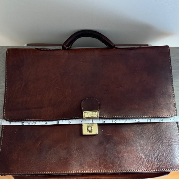 Vtg Brown Leather Briefcase w/ Brass Lock Handcrafted Attaché Case, Mid Century - Picture 10 of 15